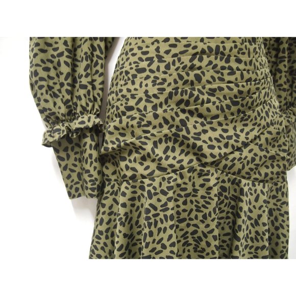Walter Baker Womens Dress 4 Olive Green Animal Spot Long Sleeve Pleated Wrap - Picture 3 of 8